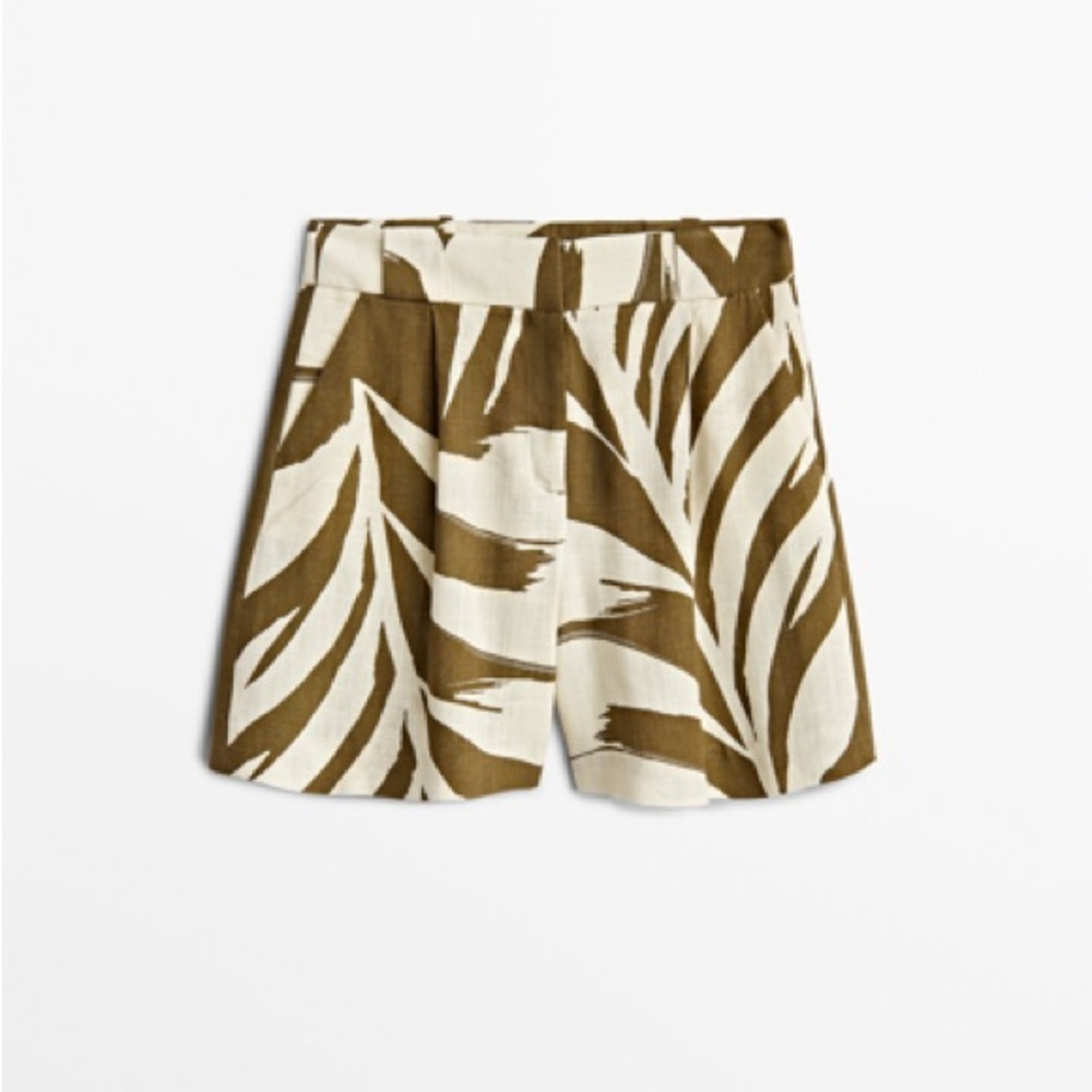 Massimo Dutti Bermuda Shorts Pleated Linen Brown Off White Palm Botanical NWT 10